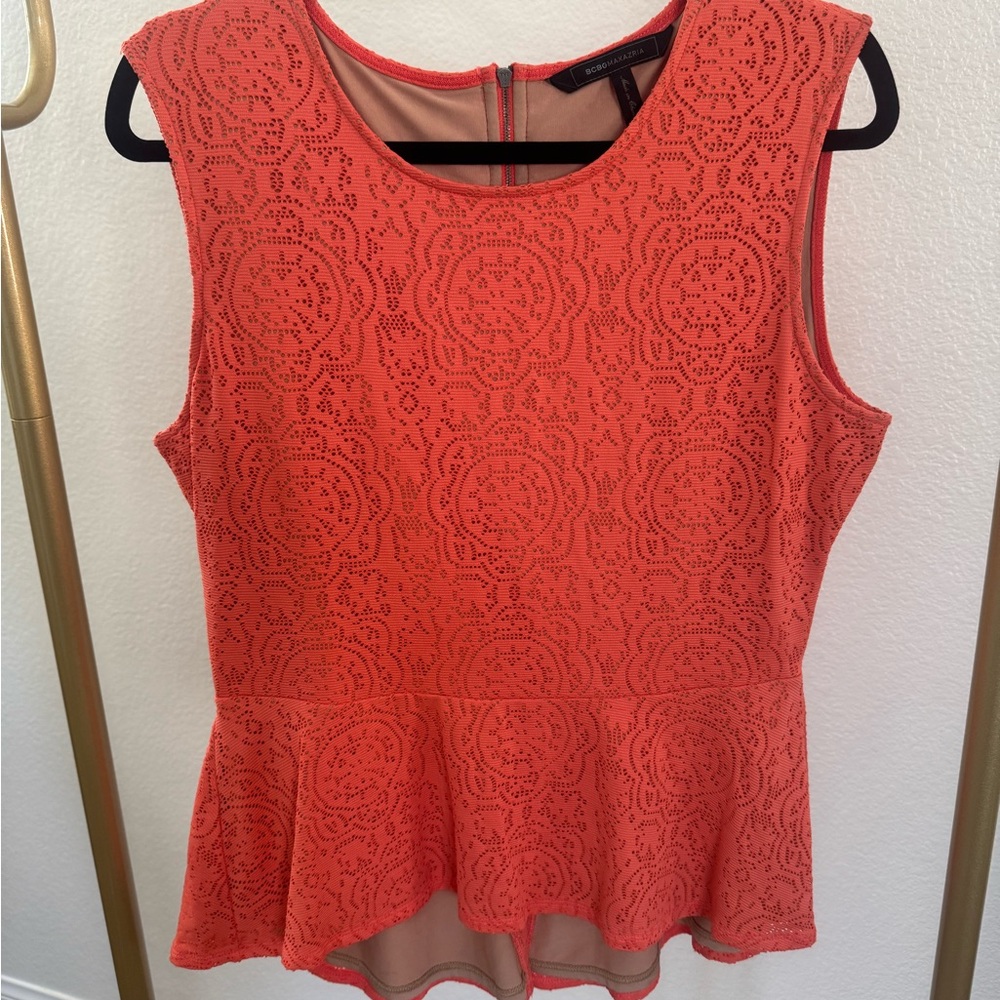 BCBGMaxAzria Coral Lace Peplum Blouse